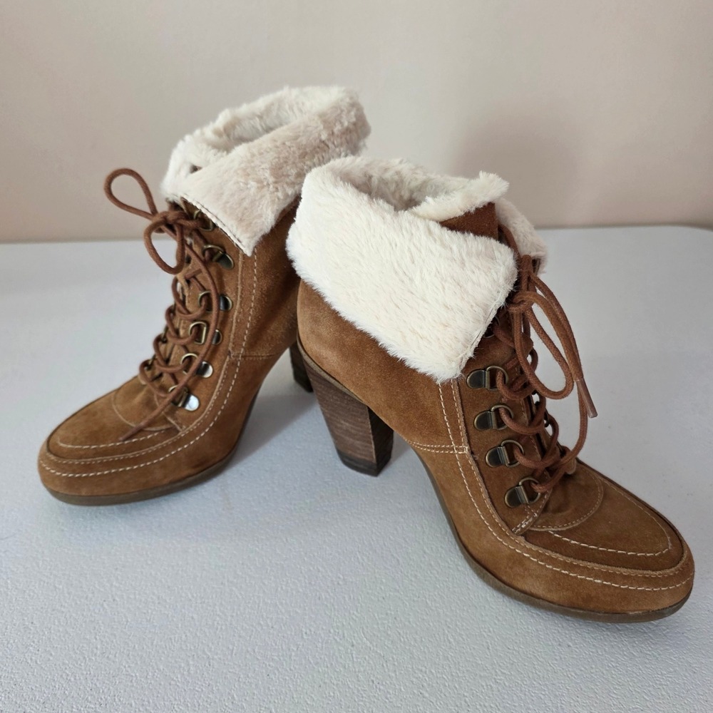 Bjorndal Falan Ankle Boots Women 7 Brown Suede Faux Fur Trim Lace Up Heeled